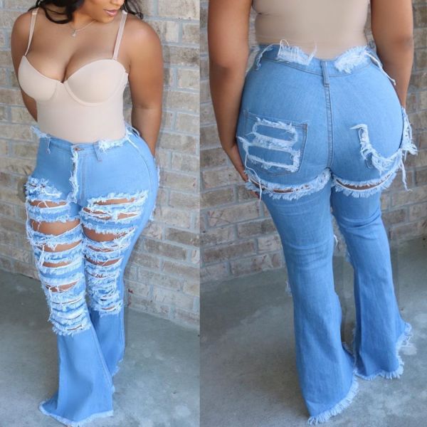 Fashion all-match personality ripped hole washed high-waist stretch flared pants HSF2259