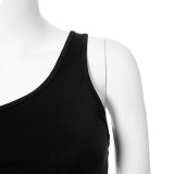 New solid color one-shoulder hollow navel pleated hip dress women M21DS300