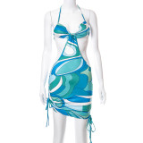 Printed Halter Halter Irregular Tie Lace Open Back Dress K21DS271