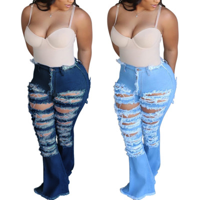 Fashion all-match personality ripped hole washed high-waist stretch flared pants HSF2259