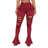 Fashion all-match washable hole trend stitching micro flared pants HSF2277