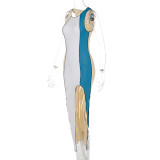 Stitched round neck slit contrast color sleeveless midi skirt D144944K