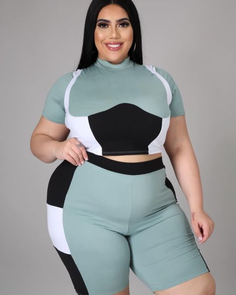 Plus size women's fashion color contrast printing sports T-shirt two-piece suit XY9108
