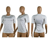 New solid color short sleeved pearl short sleeve blouse P8601