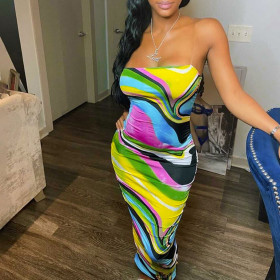 Fashion printed one-line tube top slim dress D144954K