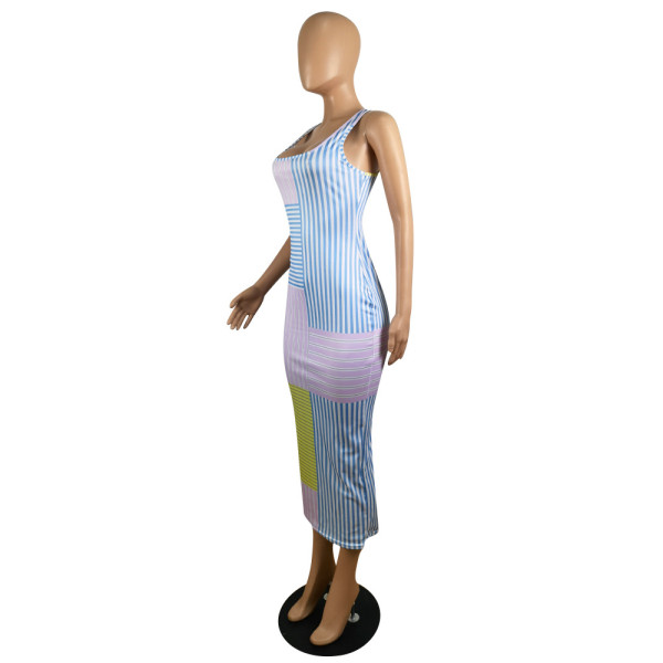 Summer new vest printed striped dress p8604