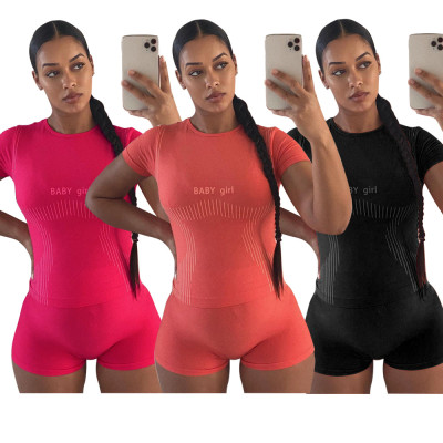 Fashion Slim Sports Pants Set Pure Color Short Sleeve Shorts Casual T-shirt Sports Two-piece Set HM5475