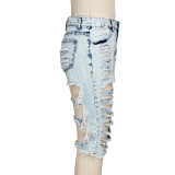 Fashion hand-worn high waist washed elastic denim shorts HSF2258