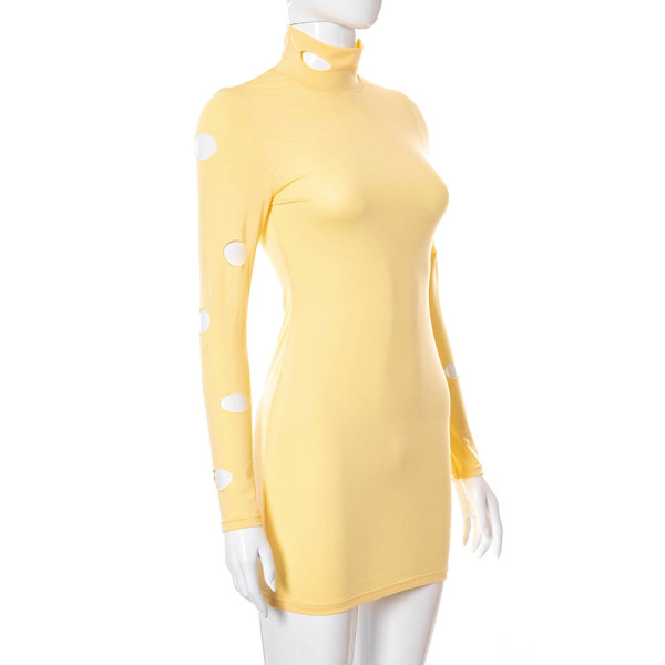 New solid color high neck long sleeve hollow bag hip dress A21DS236