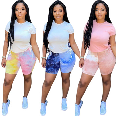 Fashion summer new pants suit printing two-piece casual T-shirt with drawstring on both sides HM5477