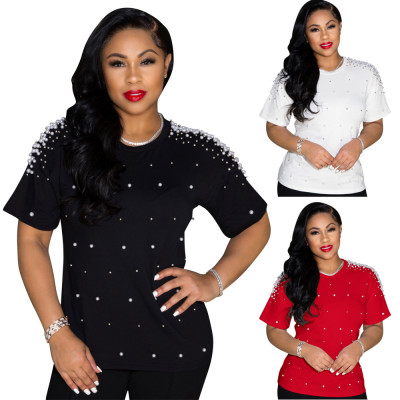 New solid color short sleeved pearl short sleeve blouse P8601