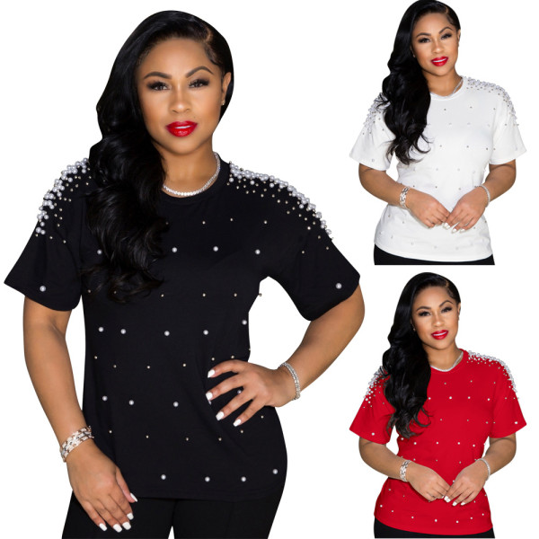 New solid color short sleeved pearl short sleeve blouse P8601