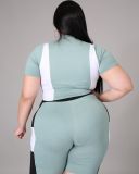 Plus size women's fashion color contrast printing sports T-shirt two-piece suit XY9108