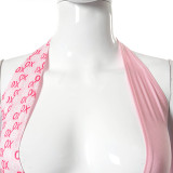 XO print stitching halterneck deep V sexy halter bodysuit A21BS158