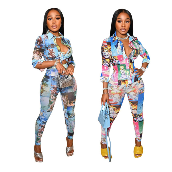 Fashion casual popular trend graffiti cartoon print element pants suit Y7019