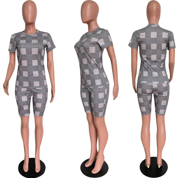Fashion casual suit houndstooth print casual t-shirt five-point pants 2-piece summer HM5480