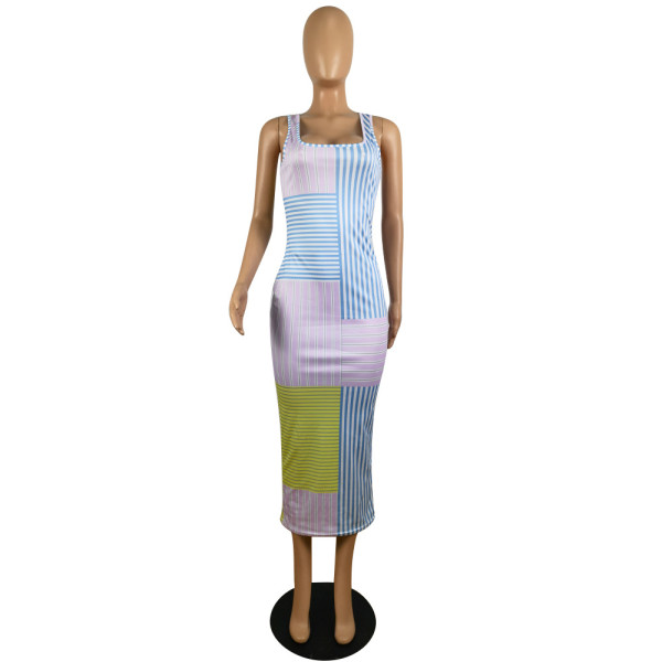 Summer new vest printed striped dress p8604