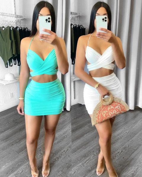 Pure color skirt suit splicing suspenders V-neck slim-fit cross section solid color retro two-piece suit HM5473