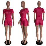 Fashion Slim Sports Pants Set Pure Color Short Sleeve Shorts Casual T-shirt Sports Two-piece Set HM5475