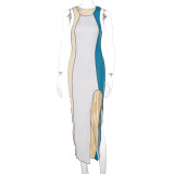 Stitched round neck slit contrast color sleeveless midi skirt D144944K