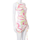 Printed one-shoulder ring hollow pleated lace-up short dress R21DS202