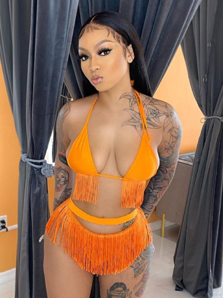 New solid color sexy halter tassel halterneck bikini high waist shorts two-piece suit K21ST291