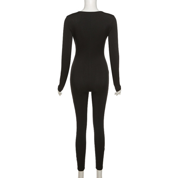 Knitted solid color high waist skinny sexy low-cut sports casual jumpsuit K21Q02877