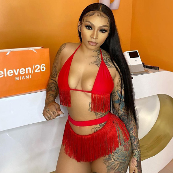 New solid color sexy halter tassel halterneck bikini high waist shorts two-piece suit K21ST291