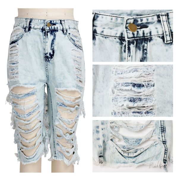 Fashion hand-worn high waist washed elastic denim shorts HSF2258