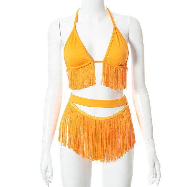 New solid color sexy halter tassel halterneck bikini high waist shorts two-piece suit K21ST291