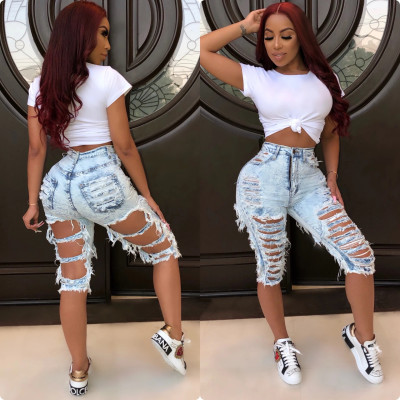 Fashion hand-worn high waist washed elastic denim shorts HSF2258