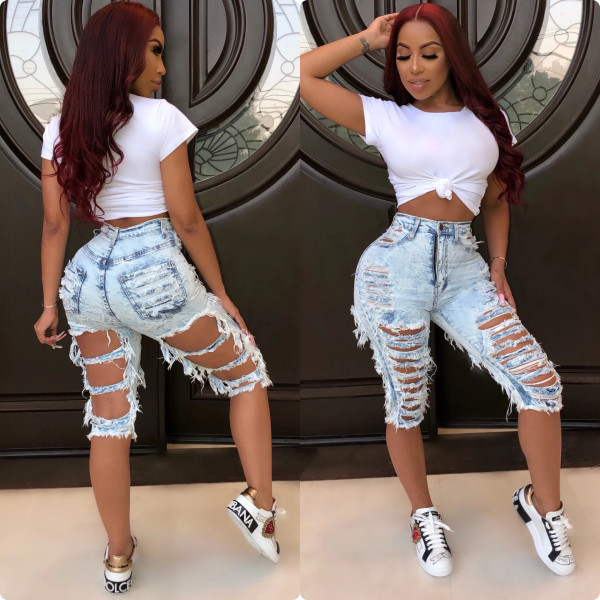 Fashion hand-worn high waist washed elastic denim shorts HSF2258