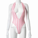 XO print stitching halterneck deep V sexy halter bodysuit A21BS158