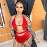 New solid color sexy halter tassel halterneck bikini high waist shorts two-piece suit K21ST291