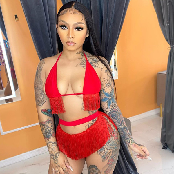 New solid color sexy halter tassel halterneck bikini high waist shorts two-piece suit K21ST291