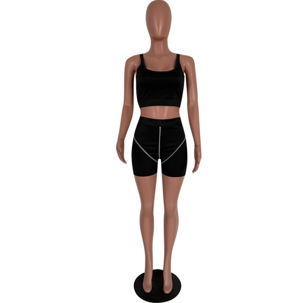 Summer sexy pants suit thin slim-fit knit stitching vest shorts solid color black casual suit HM5472