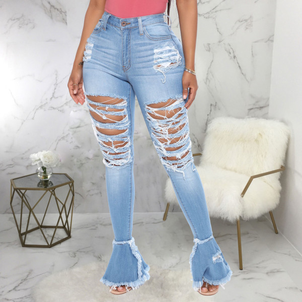 Fashion all-match washable hole trend stitching micro flared pants HSF2277
