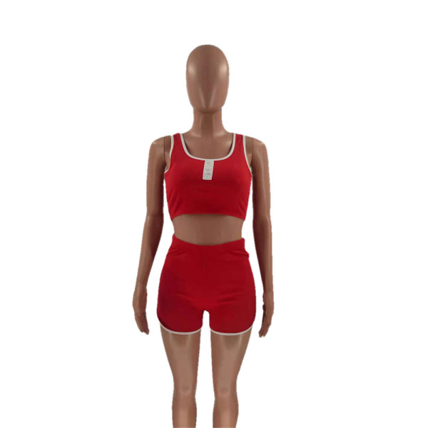 Pure color pit strip fashion sexy sports and leisure two-piece suit OM1368