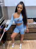 Sports and leisure solid color ripped burnt flower one-shoulder shorts two-piece suit KY3080