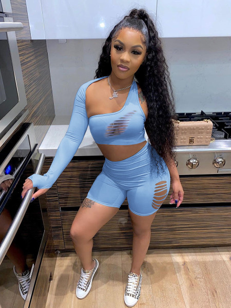 Sports and leisure solid color ripped burnt flower one-shoulder shorts two-piece suit KY3080