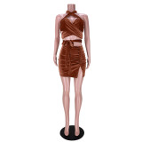 Sexy lace-up pleated split skirt two-piece suit GL6380
