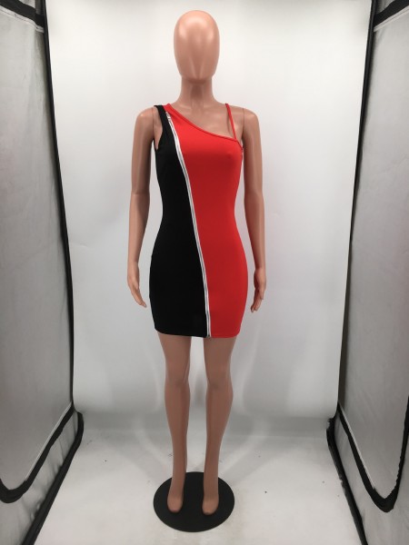 Colorblock double zipper sexy nightclub style dress H8977