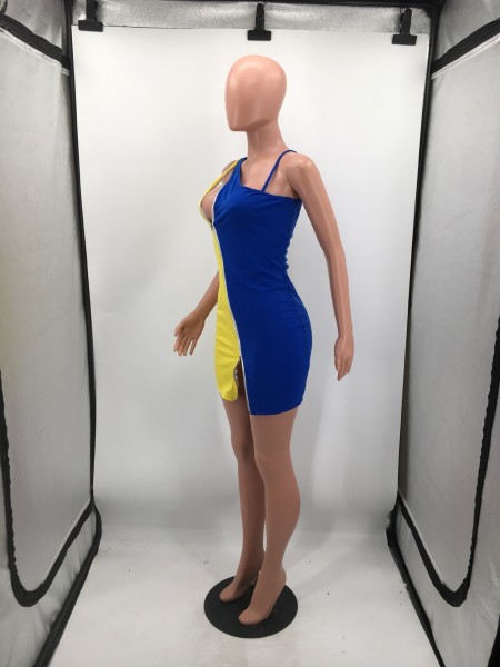 Colorblock double zipper sexy nightclub style dress H8977