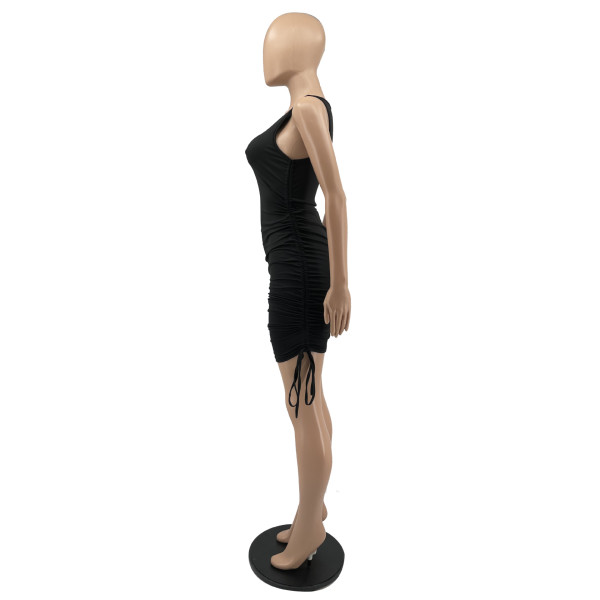 Round neck sleeveless pleated dress solid color stretch slim skirt women's nightclub W8230-1