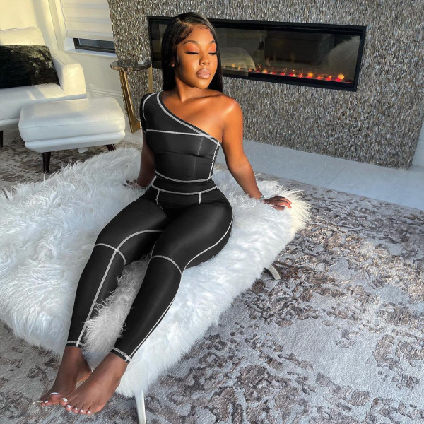Slant shoulder trousers fashion sports suit solid color stretch slim two-piece suit W8225