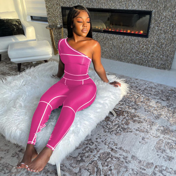 Slant shoulder trousers fashion sports suit solid color stretch slim two-piece suit W8225
