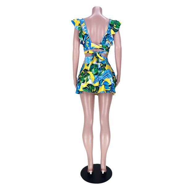 Two-piece suit with printed lace-up skirt with wood ears GL6383