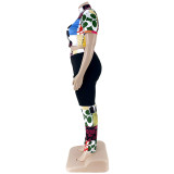 Fashion printed contrast color half high neck T-shirt two-piece set AP7027