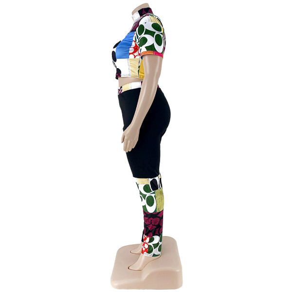 Fashion printed contrast color half high neck T-shirt two-piece set AP7027