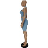 Hollow solid color halterneck vest shorts two-piece suit QM7043